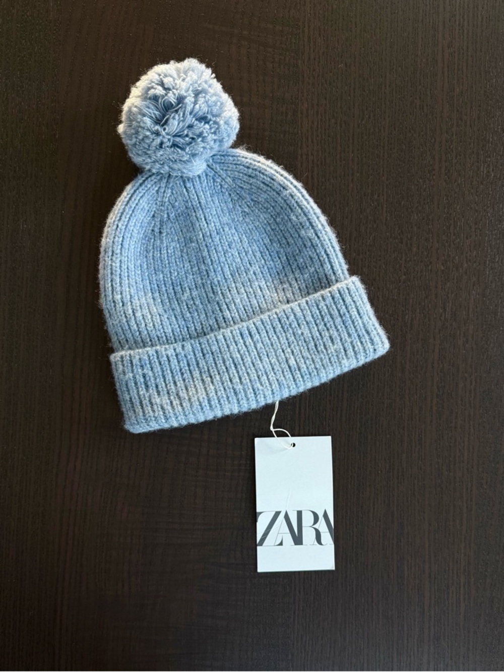 Zara Kids Sky Blue Pom-Pom Ribbed Knit Hat